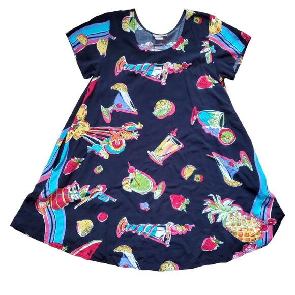 Vintage 90s Tropical Drinks Trapeze Swing Short Sleeve Mini Dress Colorful - Picture 3 of 14